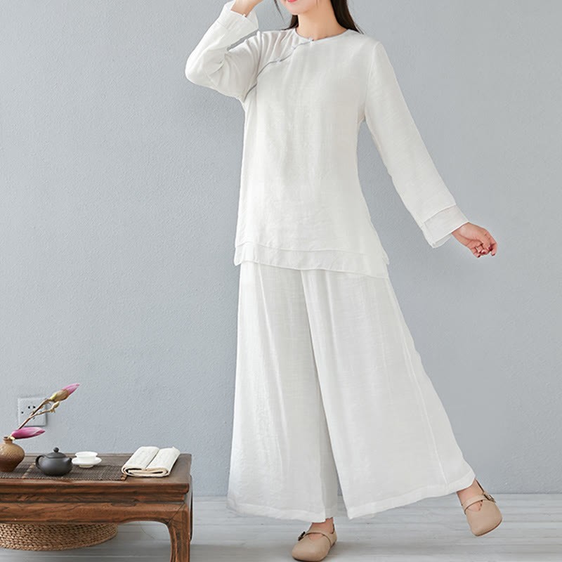 2Pcs Three Quarter Sleeve Long Sleeve Shirt Wide Leg Pants Meditation Cotton Linen Clothing Women's Set