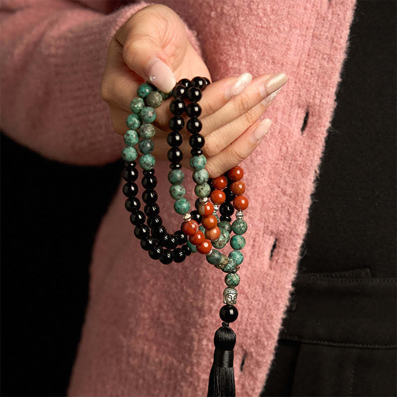 108 Mala Natural Black Onyx Red Jasper Turquoise Beads mystic zen Head Tassel Protection Bracelet