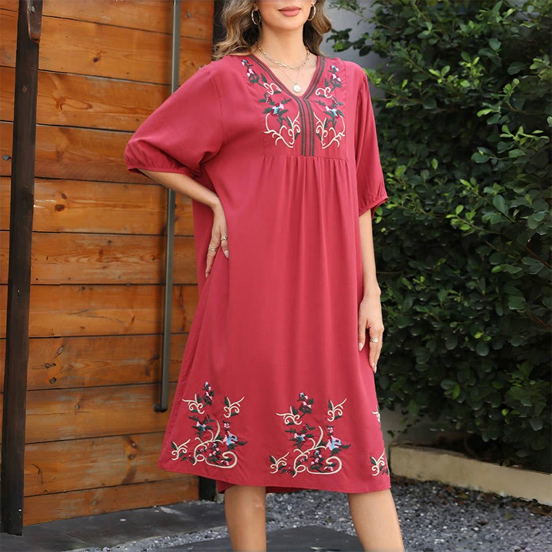 Indianred Retro Ethnic Embroidery Long Lantern Sleeve Cotton Midi Dress