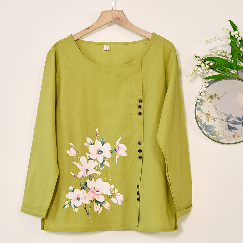 Casual Floral Long Sleeve Round Neck Shirt Cotton Linen Women's Shirts