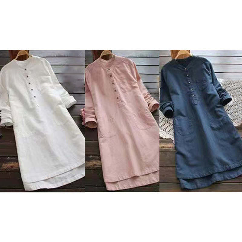 Solid Buttons Long Sleeve Cotton Linen Women's Shirt Dress With Pockets