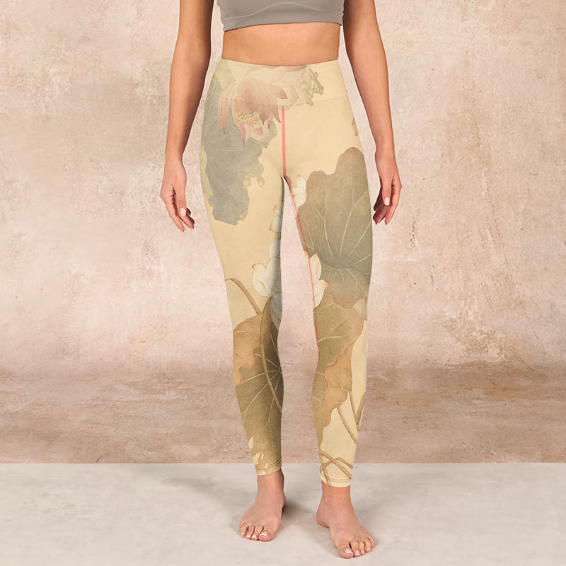Lotus Flowers Leaves Print Gym Leggings Women's Yoga Pants