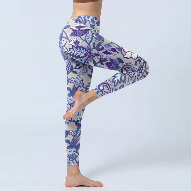 Purple Flower Leaves Print Gym Fitness Leggings Women's Yoga Pants
