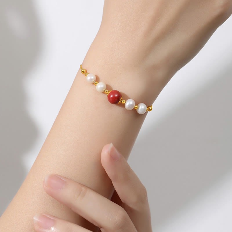925 Sterling Silver Pearl Cinnabar Healing Bead Chain Bracelet