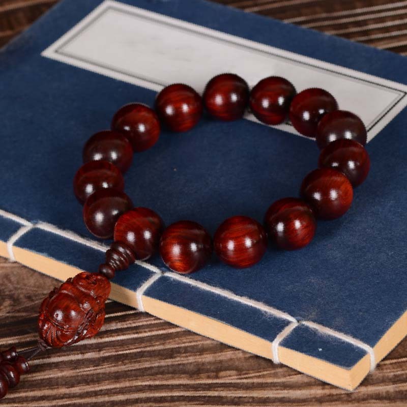Small Leaf Red Sandalwood Laughing mystic zen God of Wealth Protection Bracelet