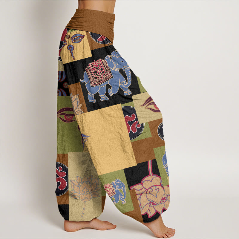 Casual Elephant Lotus mystic zen's Eye Collage Pattern Women's Elastic Waist Harem Pants