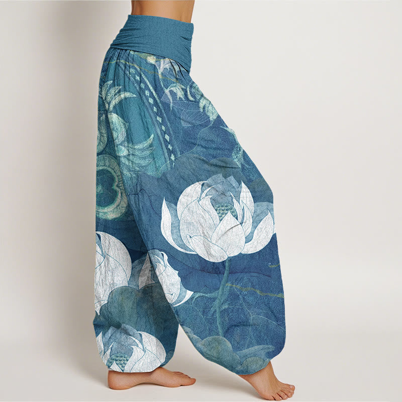 White Lotus Leaves Pattern Casual Women's Elastic Waist Harem Pants