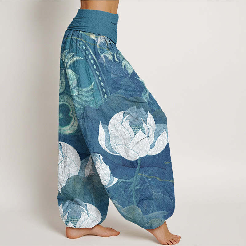 White Lotus Leaves Pattern Casual Women's Elastic Waist Harem Pants