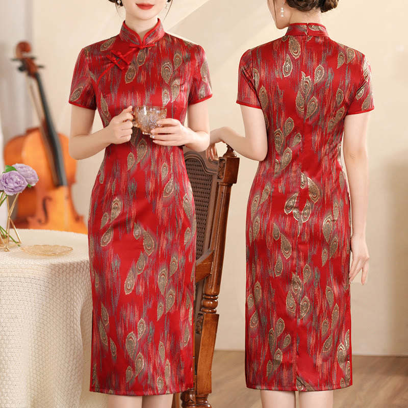 Retro Flower Lotus Peony Feather Print Qipao Dress Women's Cheongsam Dress