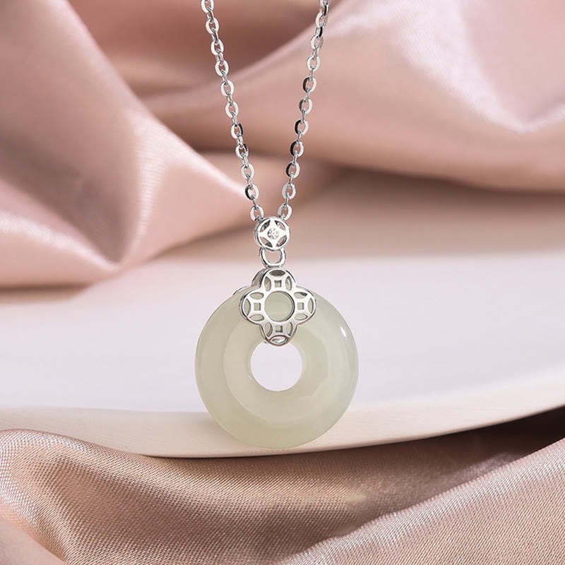 925 Sterling Silver Natural Hetian White Jade Chalcedony Coin Peace Buckle Luck Necklace Pendant