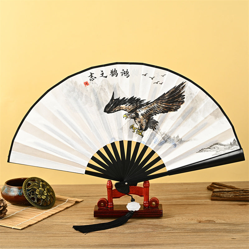 Dragon Phoenix Tiger Crane Eagle Wolf Koi Fish Handheld Folding Fan Lotus Tassel Fan