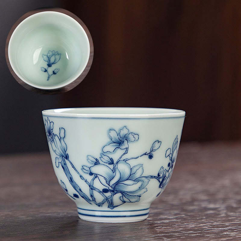 Blue Landscape Mountains Lotus Cute Cat Pavilions Magnolia Reed Egrets Ceramic Teacup Small Kung Fu Tea Cup