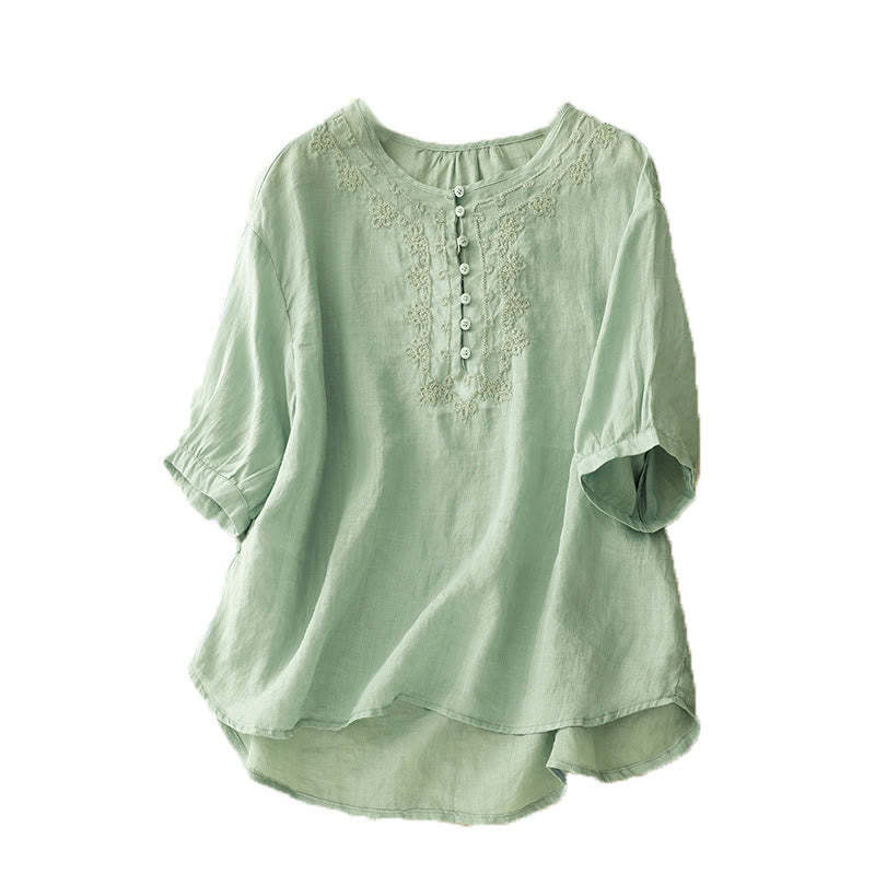 Casual Women's Plain Frog Buckle Design Half Sleeve Cotton Linen Shirt