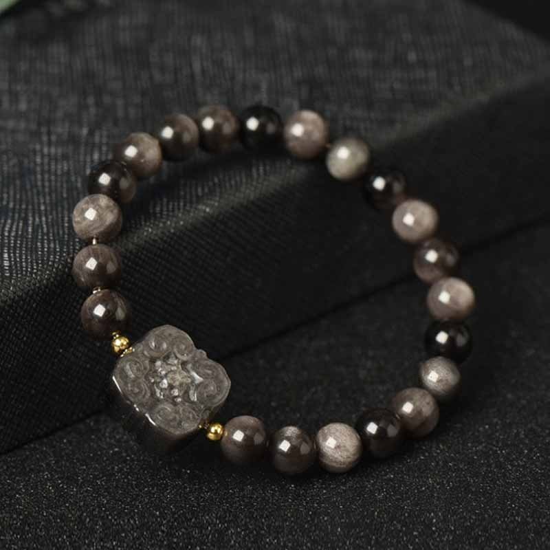 Silver Sheen Obsidian Lotus Flower Nine Tailed Fox Laughing mystic zen Protection Bracelet