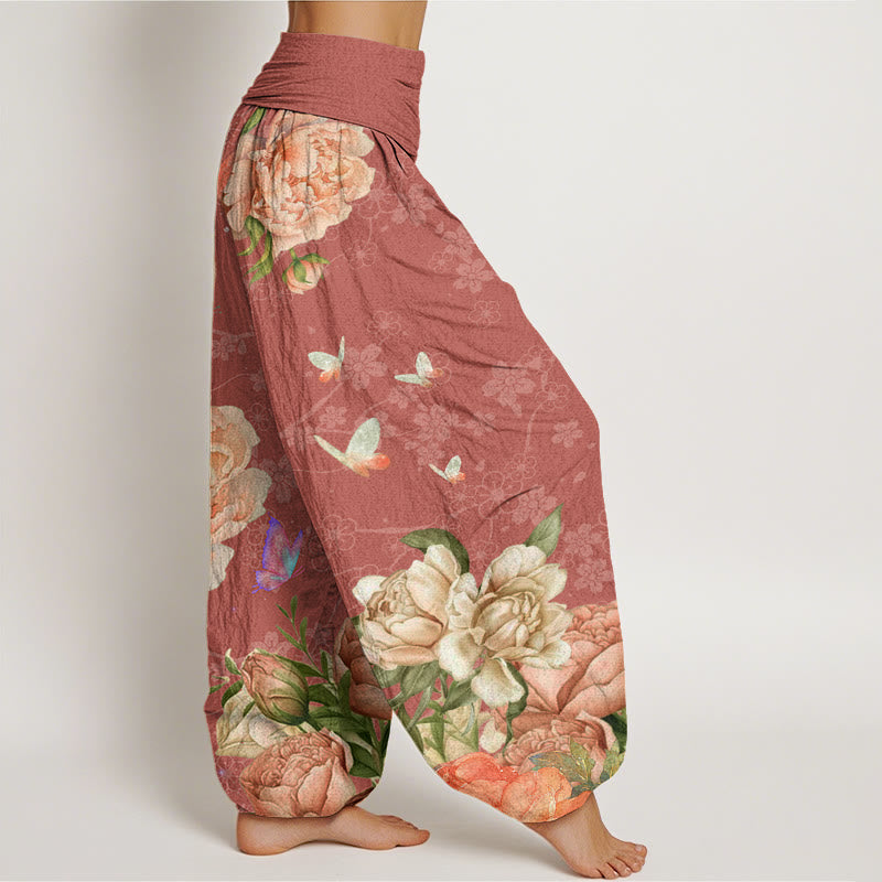 Casual Bright Peony Flower Butterfly Women's Elastic Waist Harem Pants