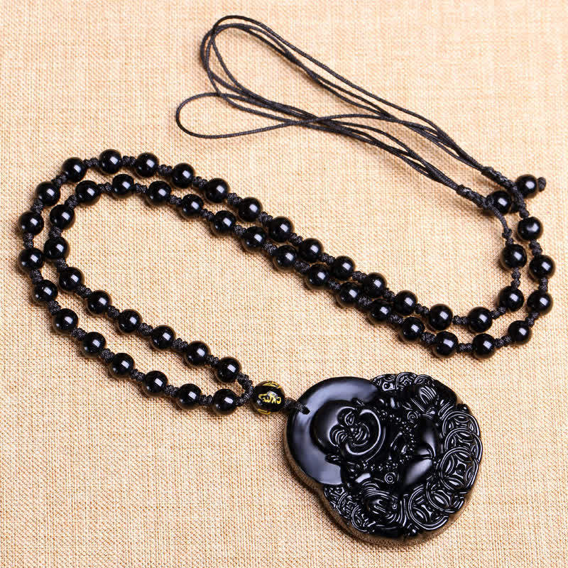 Laughing mystic zen Black Obsidian Strength Protection Pendant Necklace