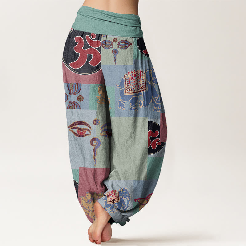 Casual Elephant Lotus mystic zen's Eye Collage Pattern Women's Elastic Waist Harem Pants