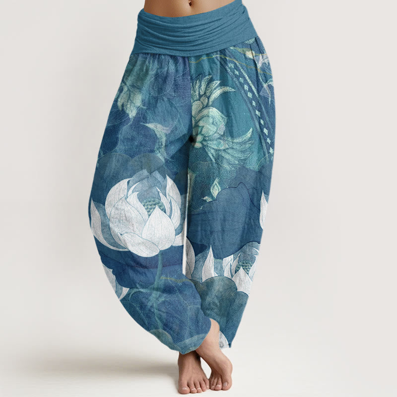 White Lotus Leaves Pattern Casual Women's Elastic Waist Harem Pants