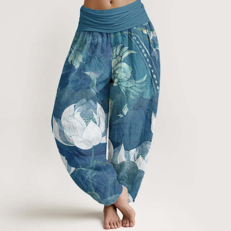 White Lotus Leaves Pattern Casual Women's Elastic Waist Harem Pants
