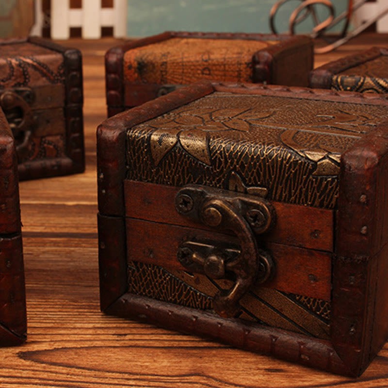 Retro Small Square Wood Jewelry Box Lotus Grass Flower Grape Copper Coin Daffodil Jewelry Storage Box