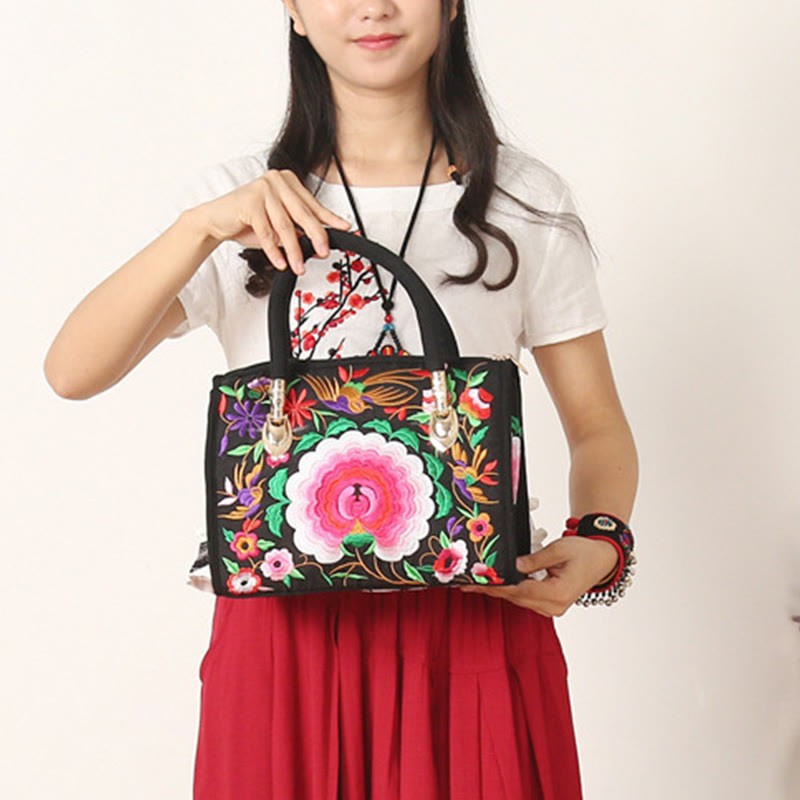 Money Tree Peony Camellia Double-Sided Embroidery Canvas Shopping Purse Handbag Crossbody Bag