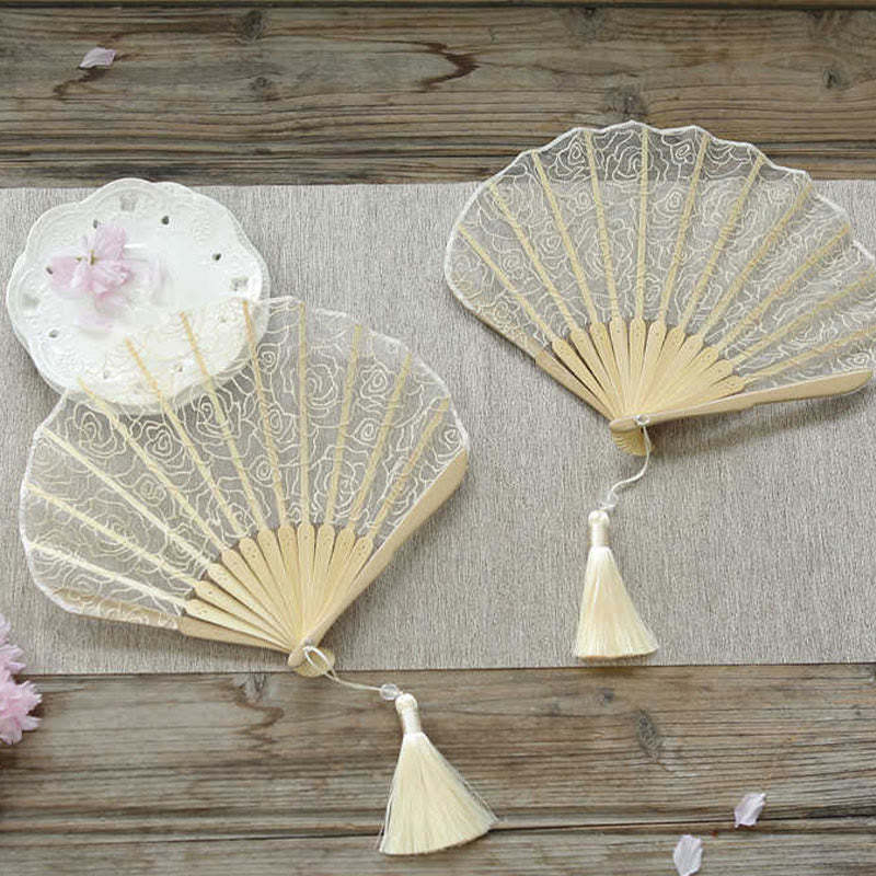 Rose Embroidery Lace Shell Shape Tassels Handheld Bamboo Folding Fan