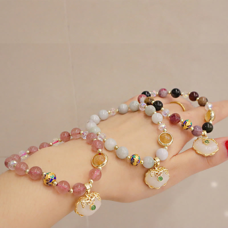 Strawberry Quartz Green Crystal Amethyst Healing Chinese Lock Charm Bracelet