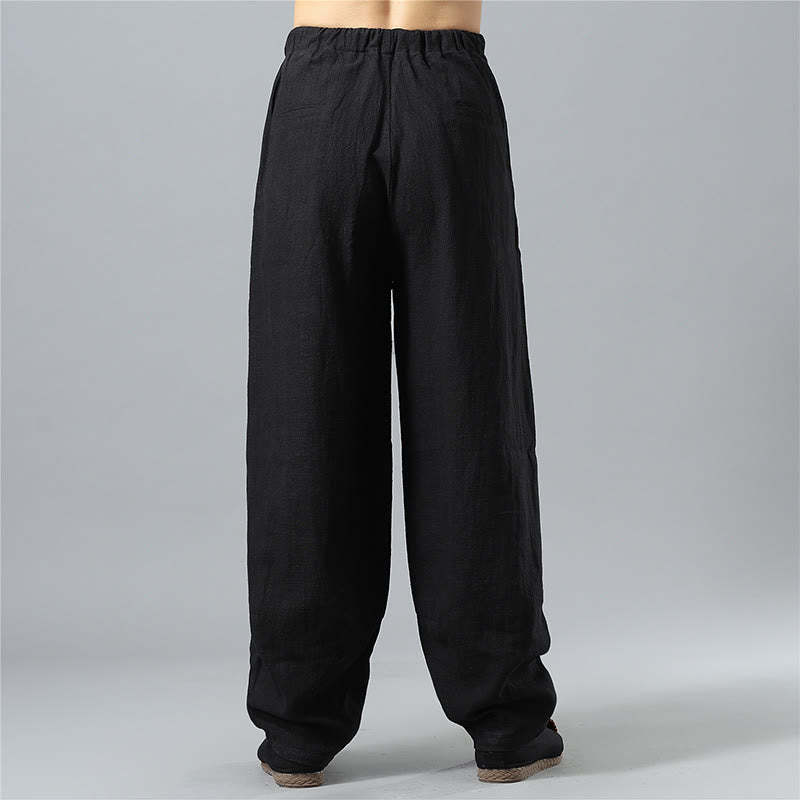 Casual Solid Color Drawstring Cotton Linen Men's Pants With Pockets