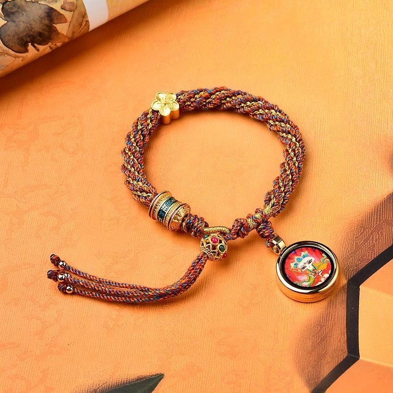 Tibet Handmade Five God Of Wealth Luck Thangka Amulet Prayer Wheel Flower Charm Weave String Bracelet