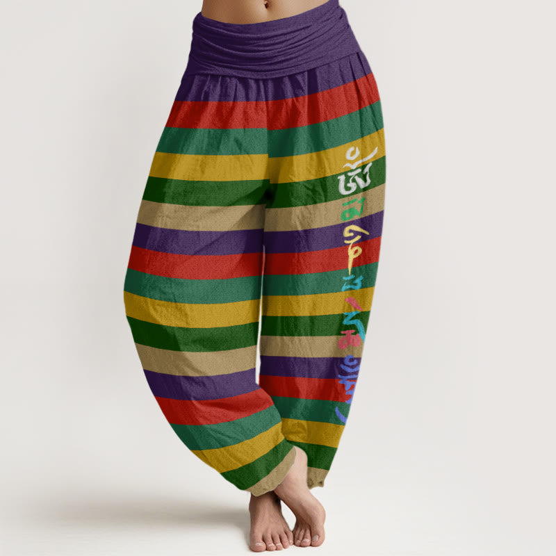 Colorful Stripe Om Mani Padme Hum Women's Elastic Waist Harem Pants