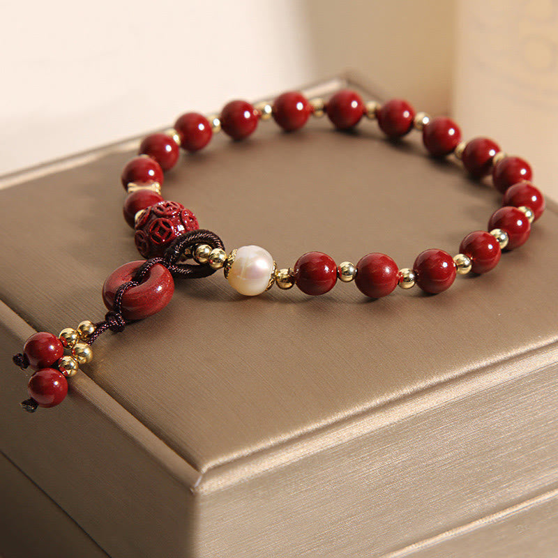 Natural Cinnabar Peace Buckle Copper Coin Charm Blessing Bracelet