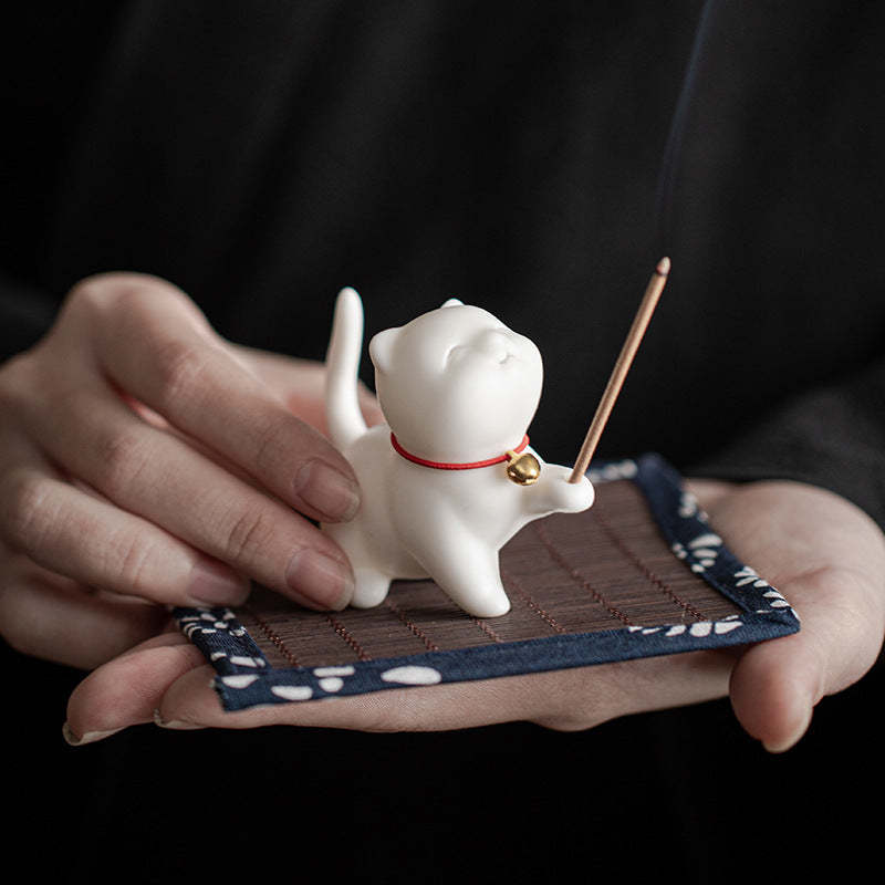 Mini Lucky Cat Kitten Tea Pet Ceramic Home Desk Figurine Decoration With Bamboo Mat