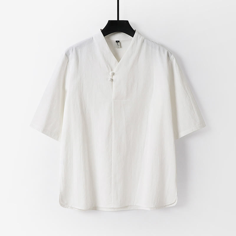 Casual Plain Color Two Buttons Three Quarter Sleeve Cotton Linen Men's Shirt