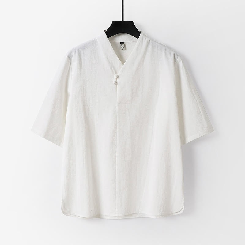 Casual Plain Color Two Buttons Three Quarter Sleeve Cotton Linen Men's Shirt