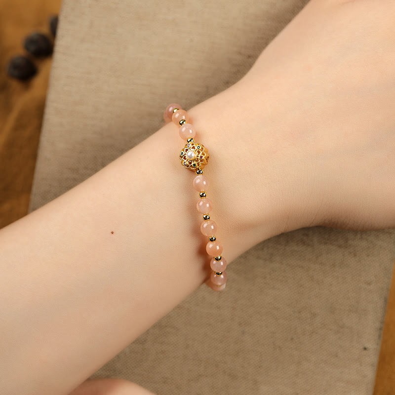 14K Gold Plated Natural Strawberry Quartz Labradorite Sun Stone Fu Character Positive Charm Bracelet