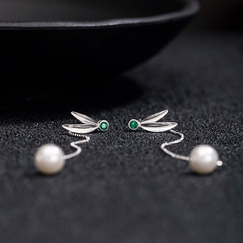 925 Sterling Silver Zircon Pearl Bamboo Leaves Protection Drop Earrings