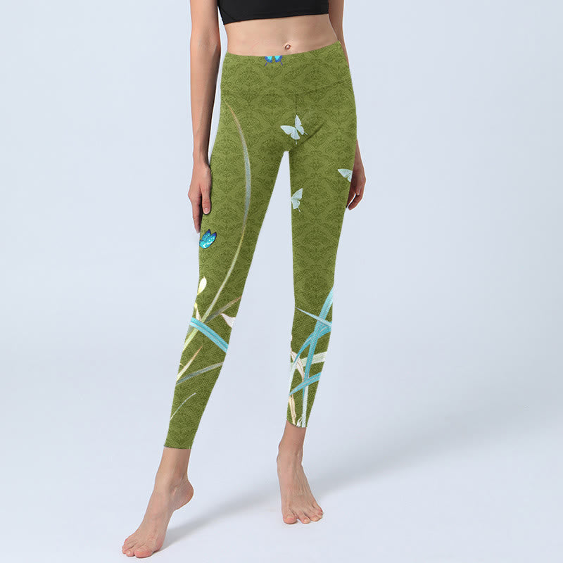 Green Butterfly Orchid Flowers Print Gym Leggings Women's Yoga Pants