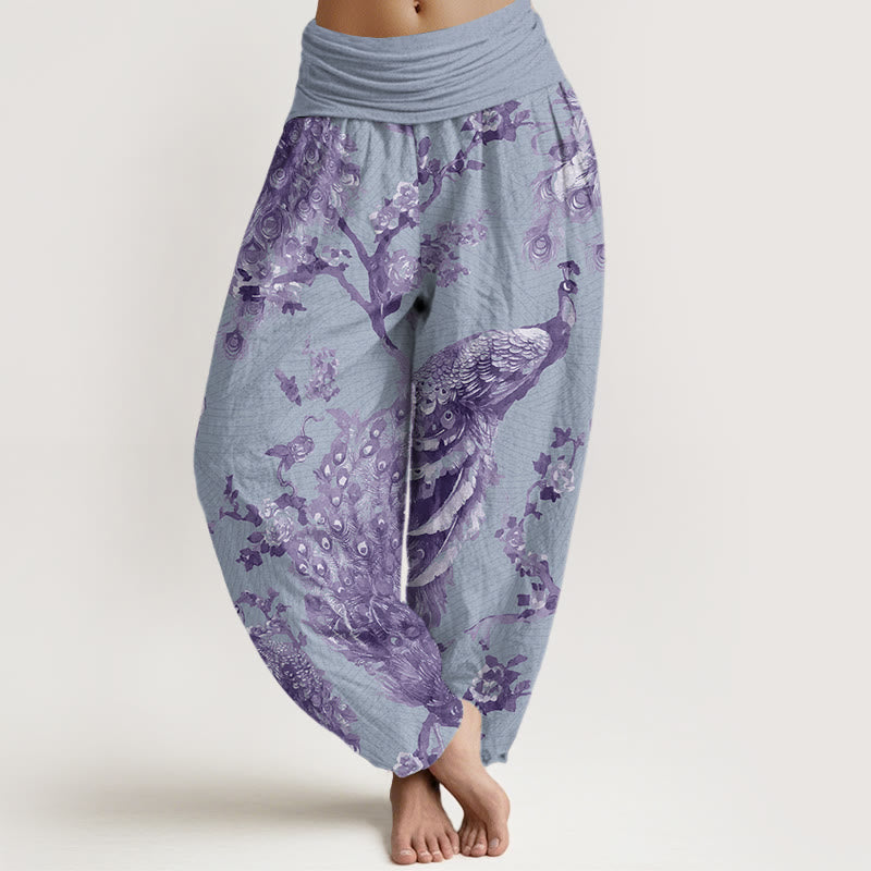 Casual Peacock Perched On Branch Petals Women's Elastic Waist Harem Pants