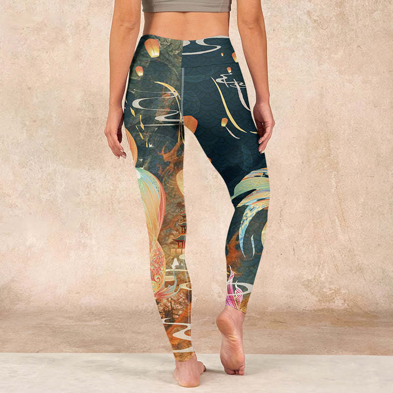Dark Slate Gray Double Koi Fish Sky Lantern Tower Exercise Leggings Women's Yoga Pants