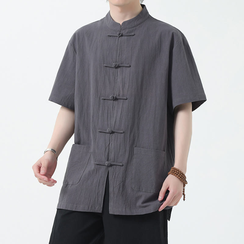 Frog-Button Chinese Tang Suit Short Sleeve Shirt Linen Men Clothing With Pockets