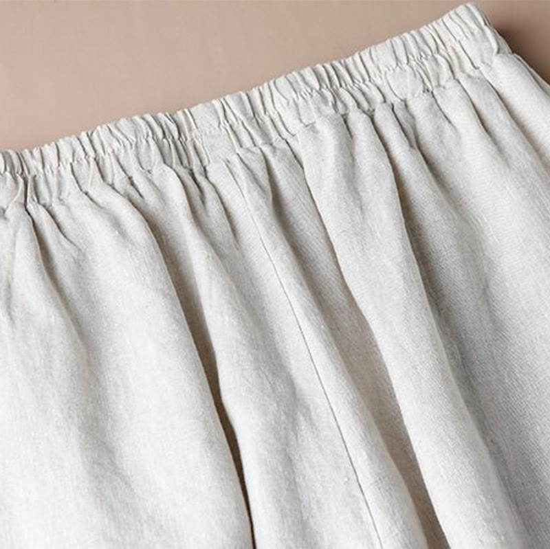 Women Casual Loose Cotton Linen Embroidery Wide Leg Pants With Pockets