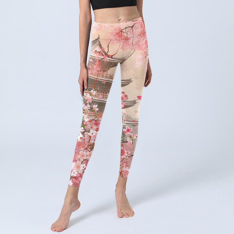 Pink Sakura Antique Building Print Fitness Leggings Women's Yoga Pants