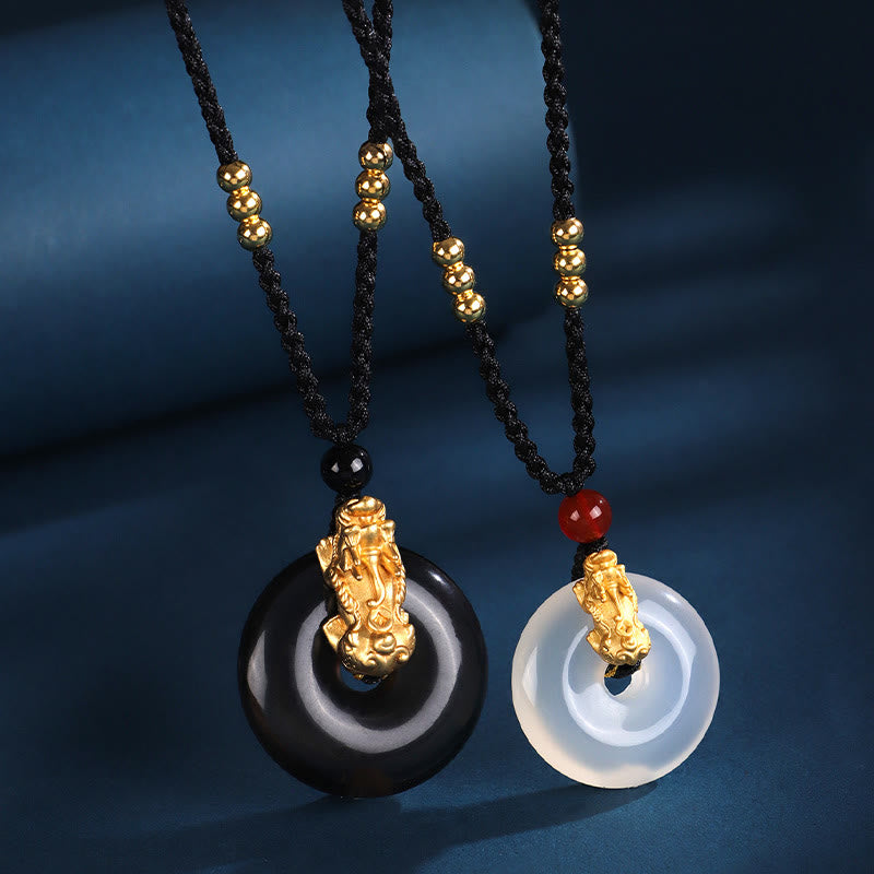Black Onyx White Agate Peace Buckle 999 Sterling Silver Gold PiXiu Fortune Necklace Pendant