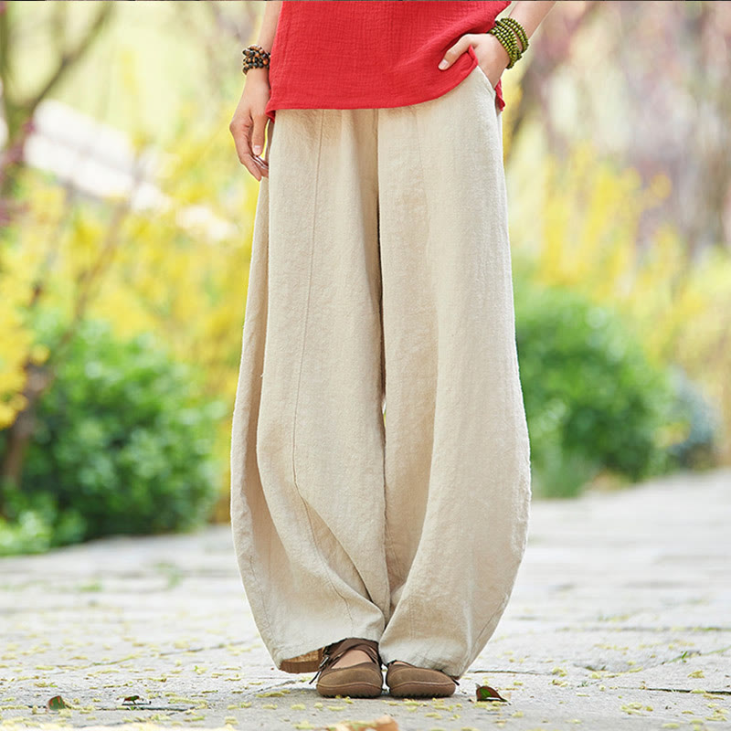 Casual Plain Color Elastic Waistband Fleece Lined Cotton Ramie Women's Pants With Pockets