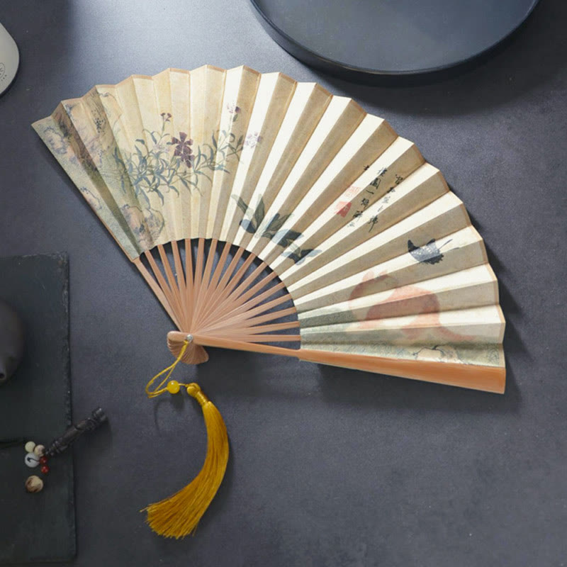 Butterfly Cat Flower Handheld Cotton Linen Fabric Bamboo Folding Fan