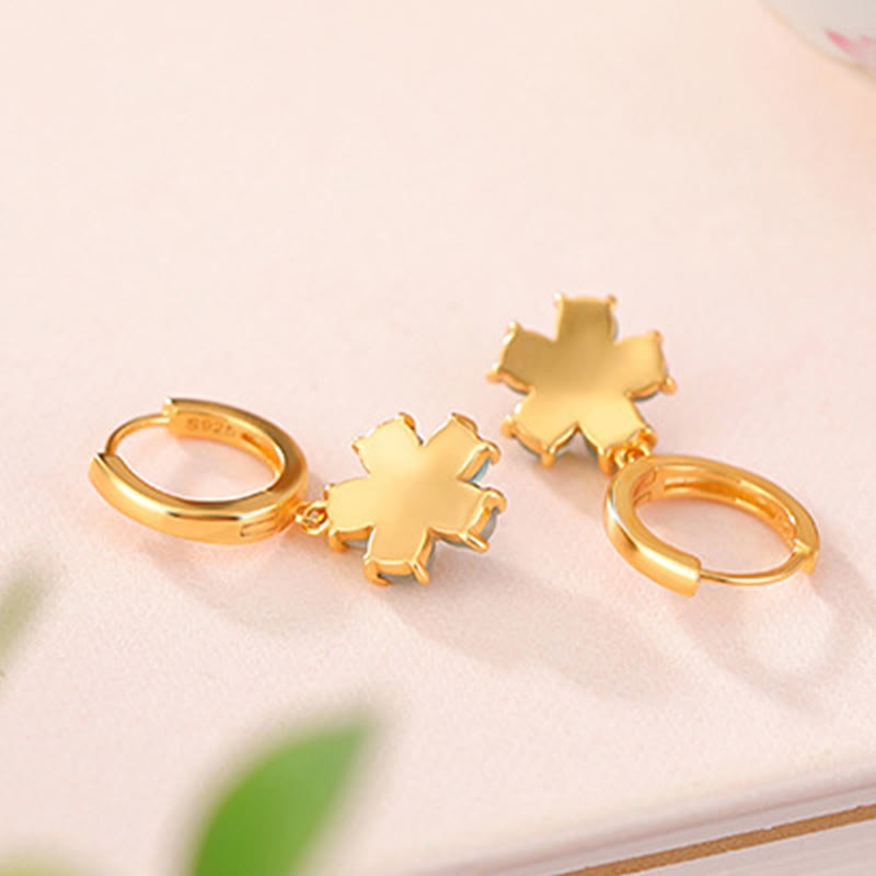 925 Sterling Silver Plated Gold Green Jade Flower Design Luck Prosperity Earrings