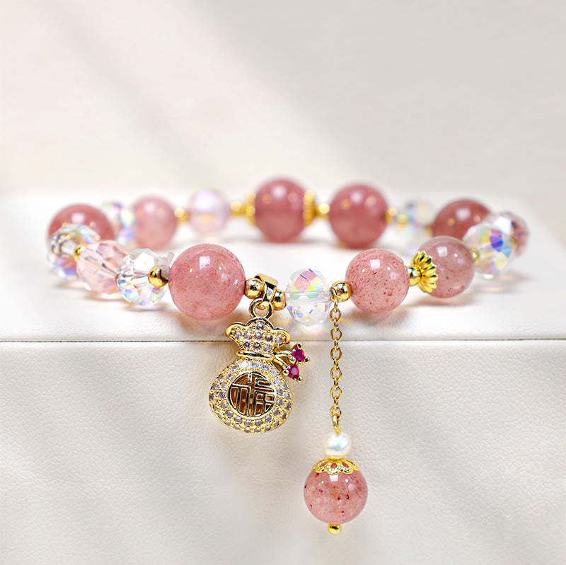 Love Healing Natural Strawberry Quartz Crystal Money Bag Charm Positive Bracelet