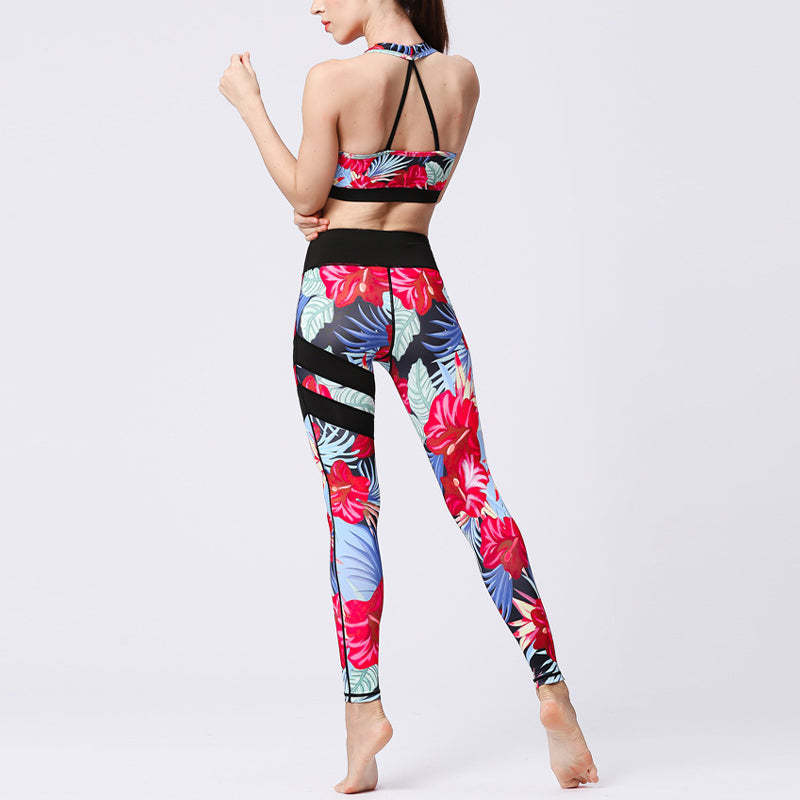 2Pcs Sunflower Flowers Leaves Print Top Pants Sports Fitness Yoga Women's Yoga Sets