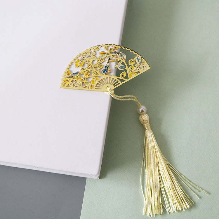 Traditional Butterfly Lotus Flower Crane Dragon Phoenix Fox Koi Fish New Beginning Metal Brass Hollow Fan Bookmarks
