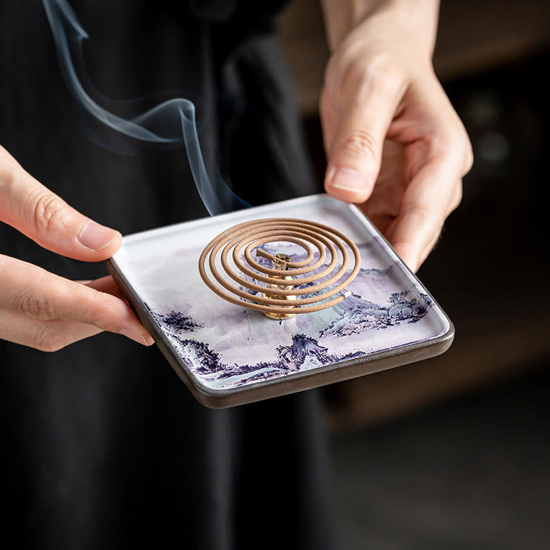 Mountain Lake Flower Leaf Healing Ceramic Plate Tray Stick Incense Burner Decoration